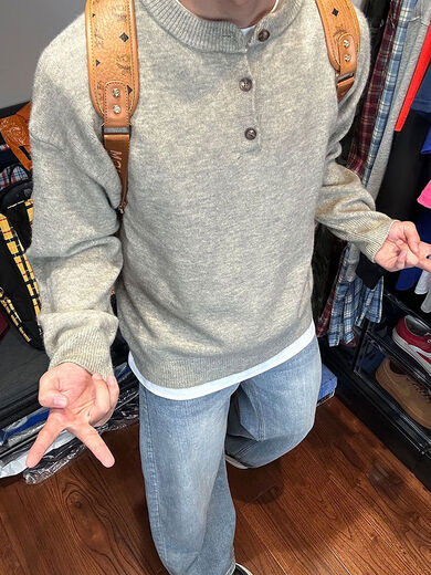 Xiaohongshu's hot style American retro Henry collar sweater for men in autumn and winter, lazy sweater with cleanf inner layer, gray upgraded version S S