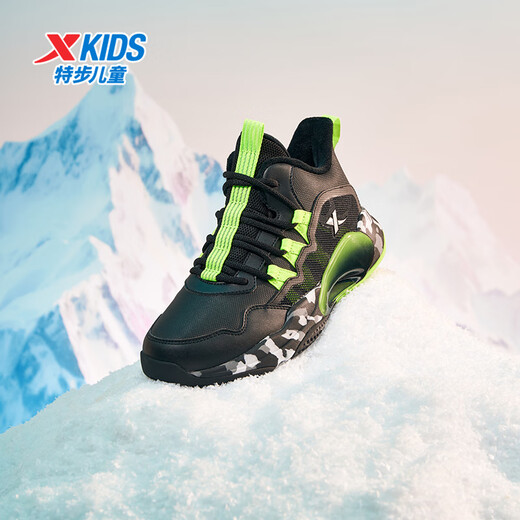 XTEP children's shoes winter velvet campus training basketball sports cotton shoes black/fluorescent electric green 35