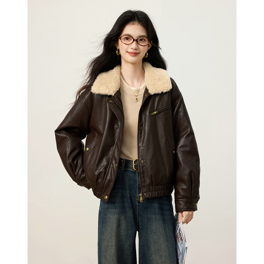 Shangjing Retro PU Leather Jacket Women's 2025 Winter New Style Velvet Thickened Warm Motorcycle Jacket Fur Collar Short Jacket Brown M