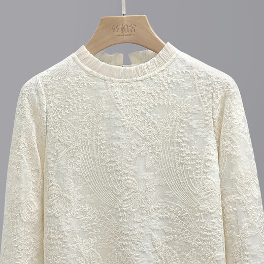 Sibaishe long-sleeved shirt for women 2026 spring new style solid color splicing round neck right shoulder lace top