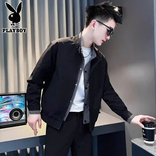 Playboy spring and autumn vacation two-piece jacket men's stand-up collar clothes 2025 new autumn and winter plus velvet men's high-end jacket trendy coffee color 8157-fake two-piece jacket high quality L