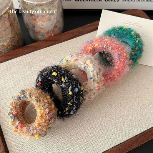 Colorful wool knitted hair tie, high elasticity and durability, towel ring, thick rubber band, women's hair tie, autumn and winter headband, W ponytail colorful dot hair tie, mixed color (set of 5)