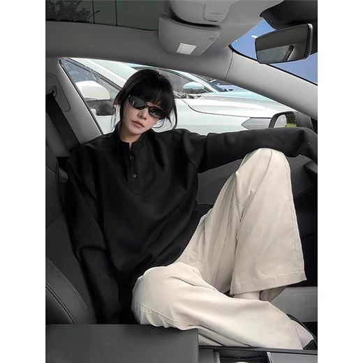 Jufeng black Henry collar American polo sweatshirt men's autumn deconstructed heavyweight long-sleeved t-shirt boxy inner layering shirt black upgraded model M 100-115Jin Jin equals 0.5 kg