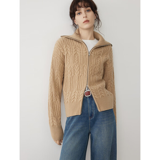 ELLE sheep wool lapel cable knitted sweater cardigan for women 2025 winter new style high-end loose commuting sweater coffee color L