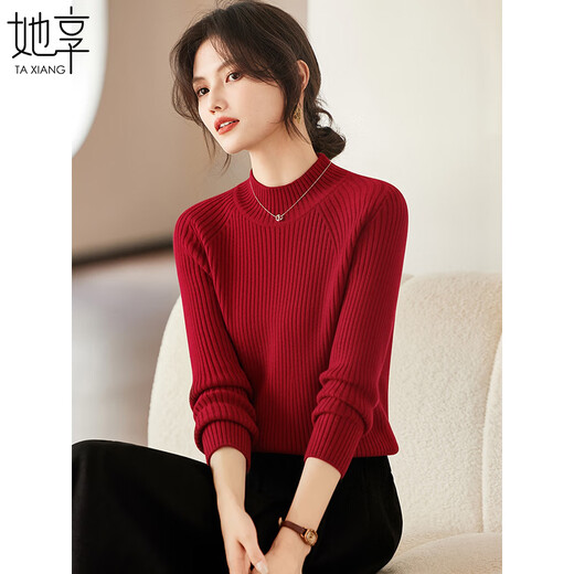 She enjoys knitted sweaters women's half turtleneck sweater New Year's wear tops autumn and winter red knitted bottoming shirt T144Z9016