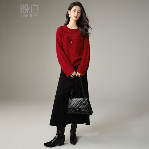 Late White New Product 2025 Autumn Fashionable and Versatile Chinese Red Sweater Solid Color Pullover Sweater Women Red S