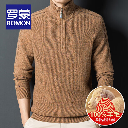 ROMON 100% sheep wool sweater men's half-zip stand-up collar sweater autumn and winter business casual middle-aged warm base sweater H-B03-10917 camel yellow M size 165/85A