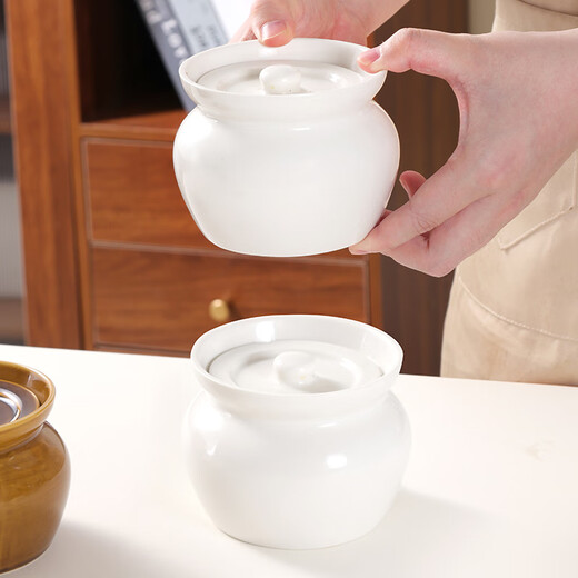 Baijie stew pot with spoon, small earthenware pot, ceramic bowl, lard pot, water-proof bird's nest steaming soup pot, steamed egg bowl with lid, white 400ml