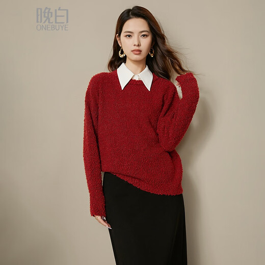 Late White Exclusive 2025 Autumn Style Simple Chinese Red Sweater Solid Color Soft Waxy Wool Sweater Women Red L