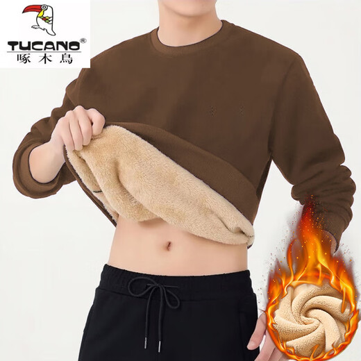Woodpecker (TUCANO) velvet thickened trendy sweatshirt winter round neck pullover sherpa men's coat-like loose warm top Y900 sherpa warm black A080 XL 110-130Jin Jin equals 0.5 kg