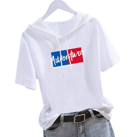 Hooded T-shirt for women 2025 short-sleeved summer loose half-sleeved casual slimming and age-reducing fashionable sweatshirt for women white T-shirt trendy white-baseball cap M 90Jin Jin equals 0.5kg to wear below
