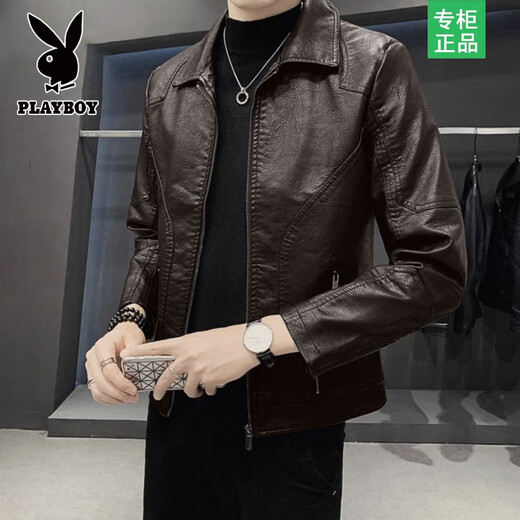 Playboy Leather Jacket Men's Autumn and Winter New Lapel Leather Jacket Trendy Slim Motorcycle Casual Korean Style Velvet PU Leather Jacket for Men 8898 Black Velvet L Recommended 110-125 Jin Jin equals 0.5 kg