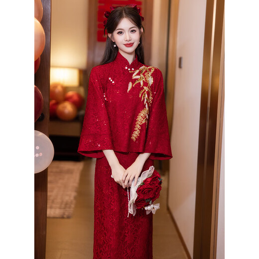 Chuangjingyi Selects New Chinese Style Cheongsam Toast Wear Bride Xiuhe Wear Wine Red Long Sleeve Lace Engagement Dress YL1043 Wine Red 2XL