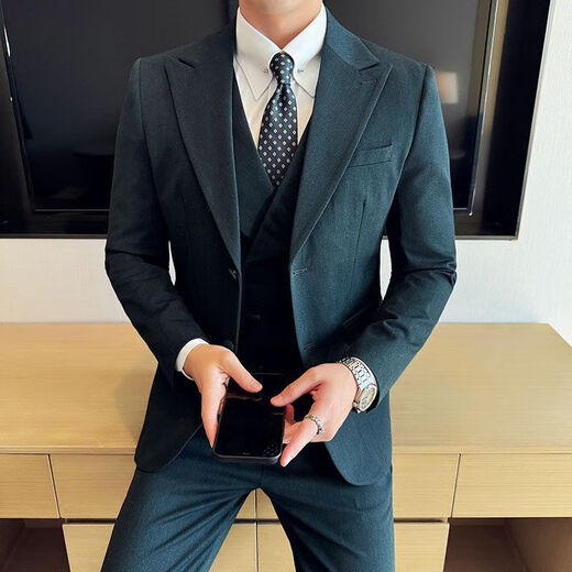 GOLDLION G+Goldlion High Quality Wool Suit Suit Men's Business Casual Formal Patch Collar Suit Groomsman Gift Black Suit+White Shirt+Vest+Pants Two Buttons XL