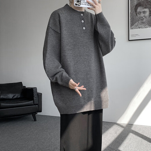 JEEP SPIRIT dark gray sweater men's Polo. collar American lazy retro style spring and autumn Henry collar inner sweater light gray XL 130~150Jin Jin equals 0.5 kg can be worn