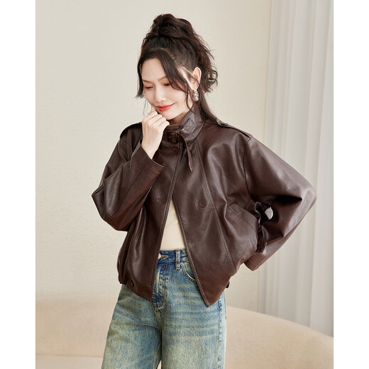 TERRE BLEUE motorcycle style women's leather jacket 25 autumn age-reducing temperament stand-up collar foreign style versatile casual leather short jacket