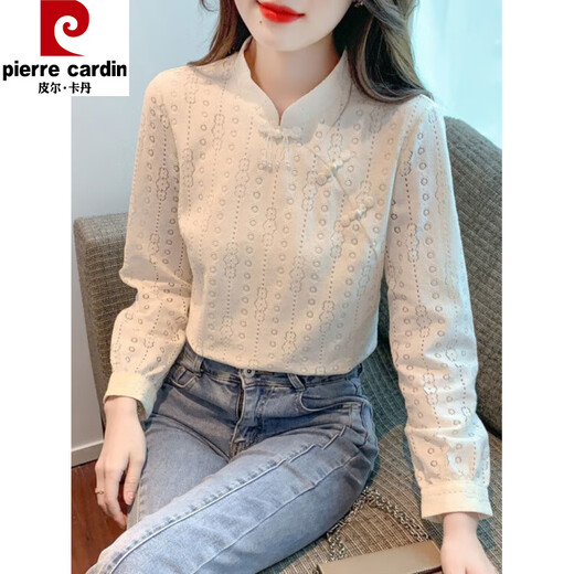 Pierre Cardin plus velvet thickened lace bottoming shirt for women autumn new button-down shirt long-sleeved shirt inner top apricot plus velvet M 95-105Jin Jin is equal to 0.5 kg