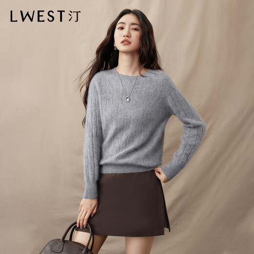 L.WEST crew neck pullover women's 2025 winter new simple commuting 100% wool cable knit sweater gray S 85-100Jin Jin equals 0.5 kg