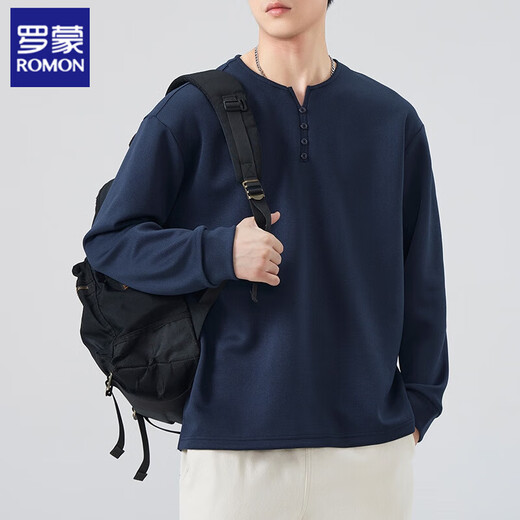 ROMON Men's long-sleeved t autumn and winter trendy Henry collar tops plus velvet autumn and winter sweatshirts for men with inner bottoming shirts for men 1309 black M 90-105Jin Jin is equal to 0.5 kg