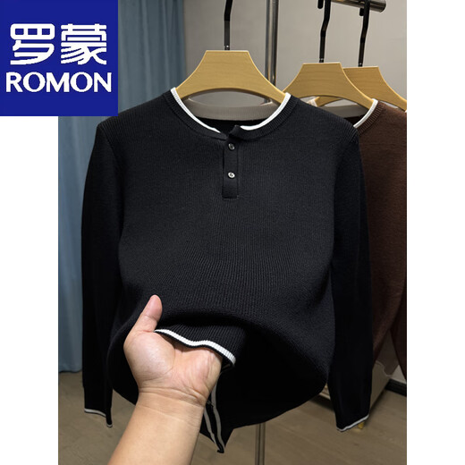 Romon two-button Henry collar sweater men's autumn and winter trendy long-sleeved bottoming shirt men's fake two-piece sweater black L 170