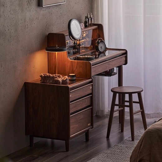 Zailu solid wood retractable dressing table bedroom dressing table bedside table integrated black walnut small apartment bedside desk mirror floating life like a dream - retractable dressing table + round stool