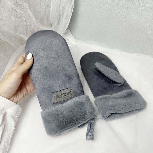 Baichao warm all-inclusive gloves, suede for women, winter plus velvet, windproof and warm, cute student halter neck cycling, random hair for children, one size fits all, thickened version with rope