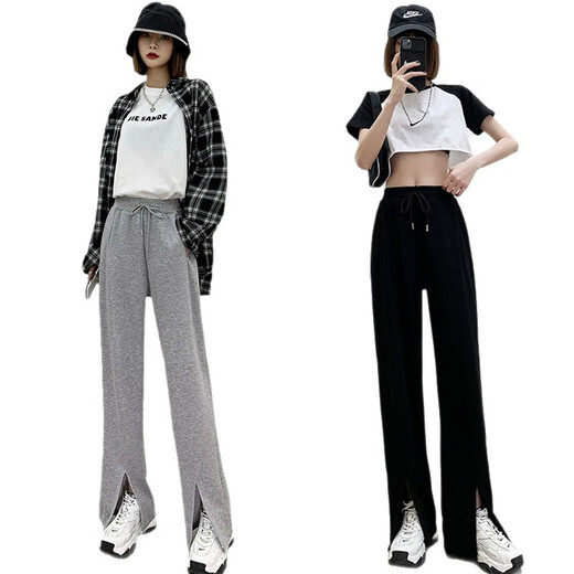 FKFX2025 new slit sweatpants Hong Kong style casual pants high waist loose trendy brand straight pants trendy gray sports pants for women Gray S