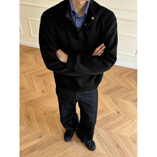 XUANSENTU light gray American plaid fake two-piece sweatshirt men's autumn Henley collar polo shirt cleanfit jacket trendy black fabric upgrade XL