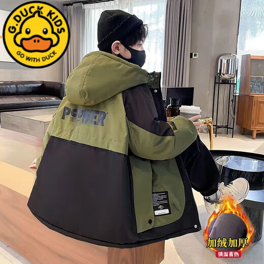 G.duck boys' velvet parka winter style 2025 new thickened medium and large children's jacket warm cotton clothing 10-year-old trend purple 170 recommended height 160-170cm13-15 years old