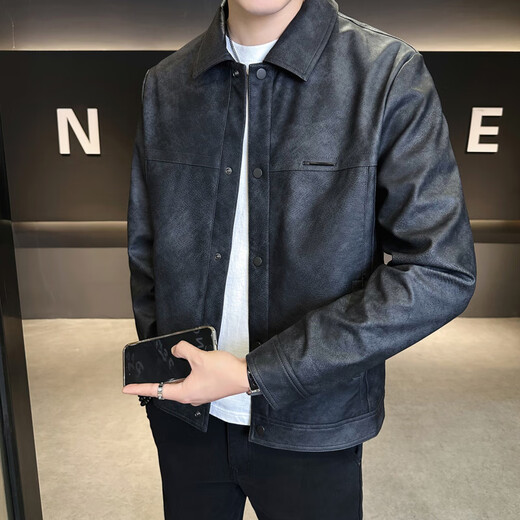 FUGUINIAO leather jacket for men spring and autumn 2025 new trendy lapel, versatile, handsome, casual, simple men's jacket, coffee color 2XL