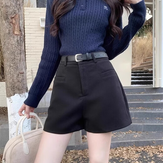 FOX.G Black Woolen Shorts Women's Autumn and Winter Outer Wear Women's 2025 New High Waisted A-Line Casual Leggings Hot Pants Double Pocket Woolen Shorts Black No Belt M Recommended 105 Jin Jin equals within 0.5 kg