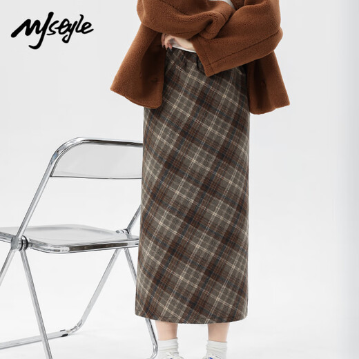 MJ STYLE woolen plaid skirt women's 2025 new spring and autumn high waist slimming slit hip mid-length skirt Khaki L