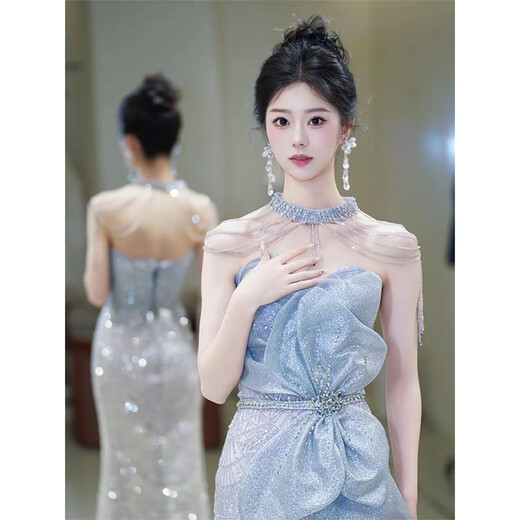 ACJK Heavy Industry Evening Dress High-end Host Banquet Temperament Shiny Blue Halter Fishtail Toast Wear Bridal Feeling Gray No Necklace M