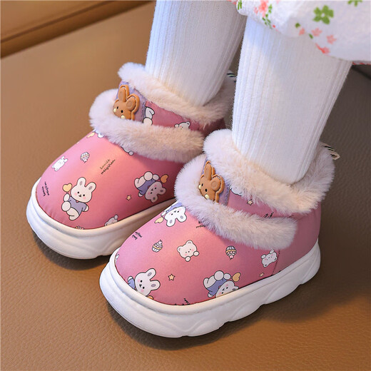 Fat Donglai outer wear girls' furry shoes winter plus velvet thickened children's snow boots boys' cotton shoes warm baby waterproof leather same style pink 22_23