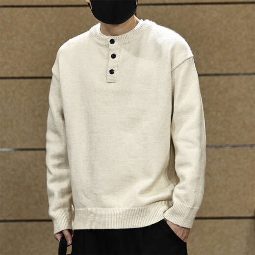 Fat Brother American Simple Henry Collar Sweater Men's Autumn and Winter Loose Lazy Warm Jacket Half-Open Knitted Sweater Top Apricot M Weight 100-130Jin Jin is equal to 0.5 kg