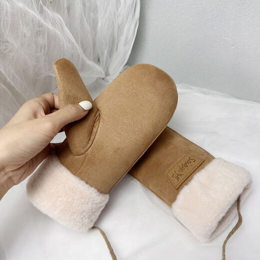 Baichao warm all-inclusive gloves, suede for women, winter plus velvet, windproof and warm, cute student halter neck cycling, random hair for children, one size fits all, thickened version with rope