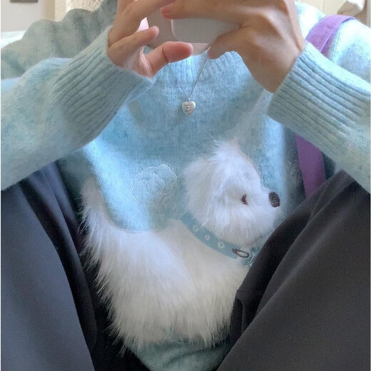 Sidi Shu blue round neck flocked puppy sweater for women 2025 new autumn and winter preppy style sweet age-reducing sweater top blue M recommended 97-110Jin Jin equals 0.5 kg