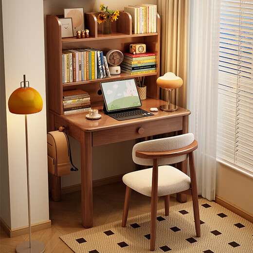 Lin Yisheng solid wood small apartment desk and bookshelf integrated simple children's writing desk bedside computer table for bedroom home walnut color single table with bookshelf length 80*width 60*height 130cm