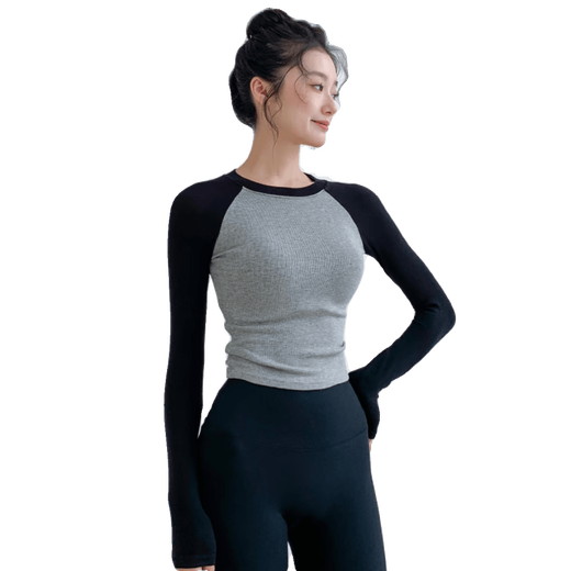 LULU Flagship Store Quick-drying Slimming Sports Top Women's Running Fitness Wear Long Sleeve Tight Pilates Training Wear Yoga Black and Gray M