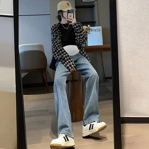 Qingbilin maternity jeans autumn and winter wide-leg pants winter casual straight trousers leggings floor-length pants autumn retro blue (spring and autumn) high waist belly support XL suitable for 120-135 Jin Jin equals 0.5 kg