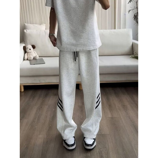 Cantu American retro three-stripe sports casual pants for men in autumn and winter trendy brand loose bootleg sweatpants high street scimitar pants white gray regular style XL