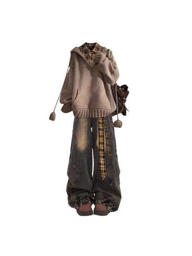 Xiaohongshus gleicher Stil, cooler und stilvoller Herbst-Berufsanzug für Damen, 2025, superheißes Herbst-OOTD-Outfit, komplettes Set ++ Jeans mit gelb-schwarz kariertem Gürtel, Frühherbst-Outfit, Frühherbst-Damenbekleidung 2025, neuer Stil S S