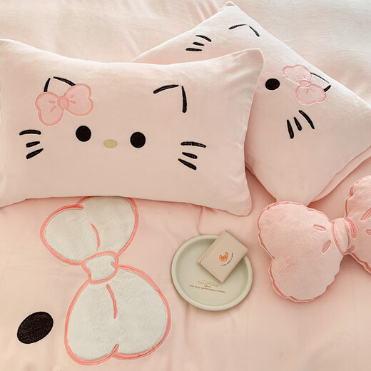 MUJI winter milk velvet appliqué embroidered four-piece set thickened double-sided velvet sheet quilt cover fitted sheet home dormitory warm kit cute cat-pink Class A baby velvet 1.8m bed sheet style four-piece set-quilt cover 200*230cm