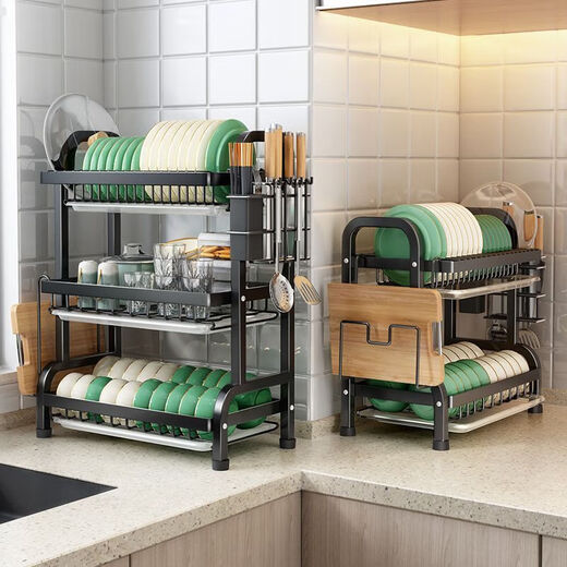 Bold and thickened kitchen rack multi-layer dish rack sink storage drain rack multi-functional dish and chopstick cabinet storage cabinet black three-layer fully equipped with knife holder chopstick barrel chopping board holder