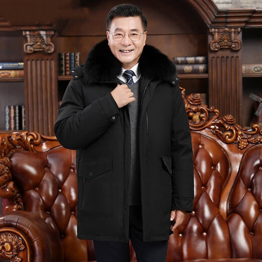 Duck Fashion Middle-aged and Elderly Down Jackets Men's Winter New Thickened Dad Clothing Business Casual Removable Liner Jacket Black Fox Fur Collar M Recommended 100-120 Jin Jin equals 0.5 kg