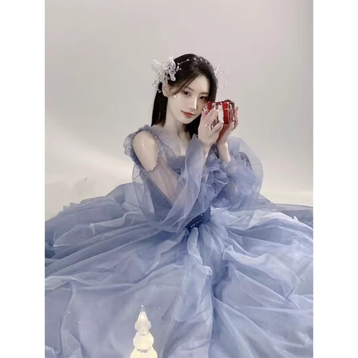 Rich-collared high-end French evening dress female performance costume vocal music and art examination long skirt princess style skirt student birthday host student blue M