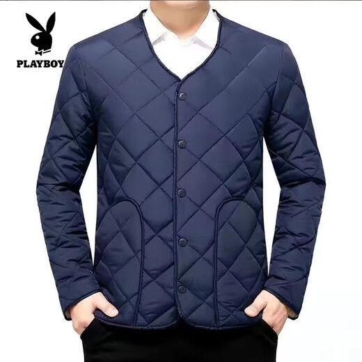 Playboy (PLAYBOY) autumn and winter men's cotton-padded jacket with velvet and thickening for cold protection, men's cotton-padded jacket with warm snap buttons, middle-aged dad's cotton-padded coat, official flagship, fine velvet and velvet, thickened navy blue 2XL 110-130Jin Jin is equal to 0.5kg