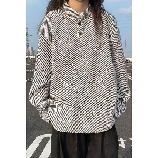 Introducing American retro Henry collar twill chenille long-sleeved T-shirt men's autumn casual sweatshirt large size loose bottoming shirt white gray L