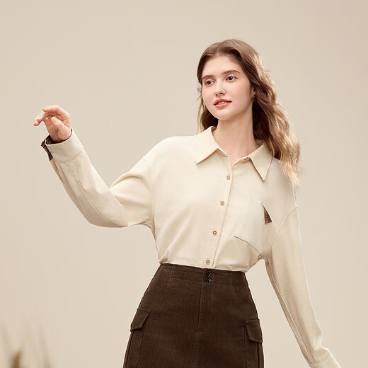 Betu women's 2025 winter new shirt with plaid contrasting buttons 100% cotton top for women 2511T61 apricot L