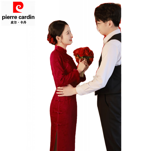 Pierre Cardin red dress skirt winter plus velvet autumn and winter cheongsam bride wedding casual toast dress winter 2025 new engagement burgundy main picture plus velvet XL